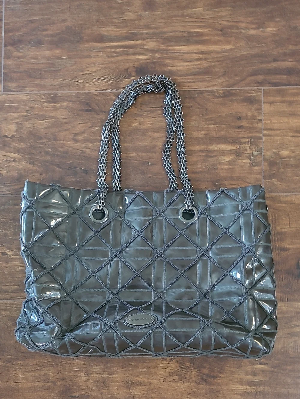 BIG BUDDAH ~ DARK GRAY CRISS CROSS STITCHED SHOULDER BAG ~ CHAIN STRAPS